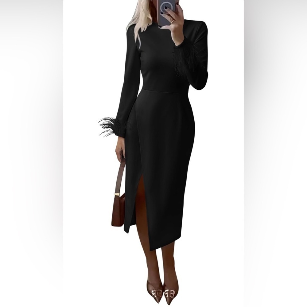 NWT- PRETTYGARDEN Feather Long Sleeve Formal Bodycon- Wrap Slit Cocktail Dress